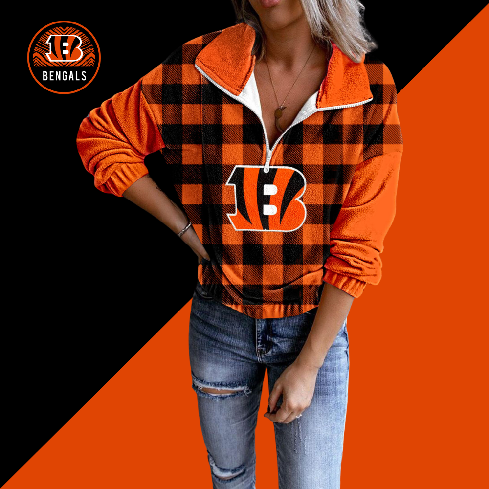 Unisex Plaid Quarter Zip Sweatshirt-Cincinnati Bengals - fitnfan