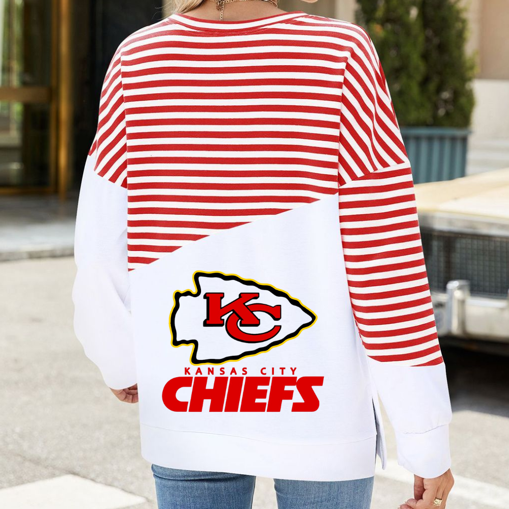 Slit Contrast Striped Long Sleeve Sweatshirt-Kansas City Chiefs - fitnfan