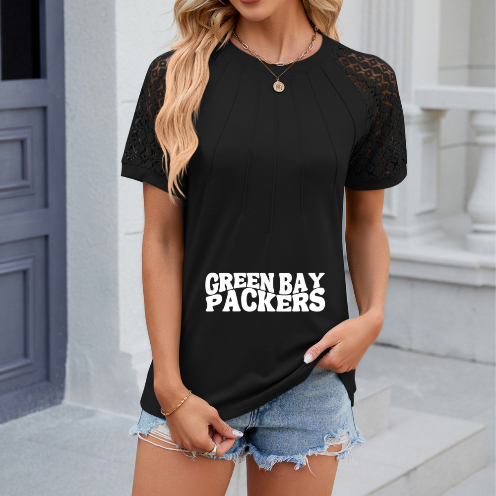 Openwork Round Neck Short Sleeve T-Shirt-Green Bay Packers - fitnfan