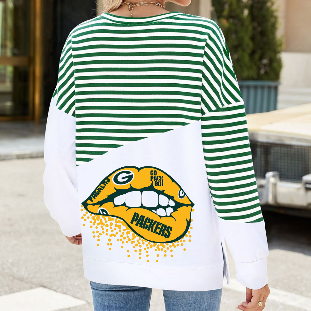 Slit Contrast Striped Long Sleeve Sweatshirt-Green Bay Packers - fitnfan