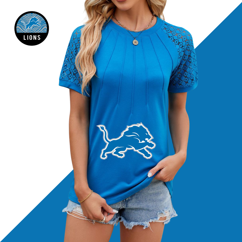 Openwork Round Neck Short Sleeve T-Shirt-Detroit Lions - fitnfan