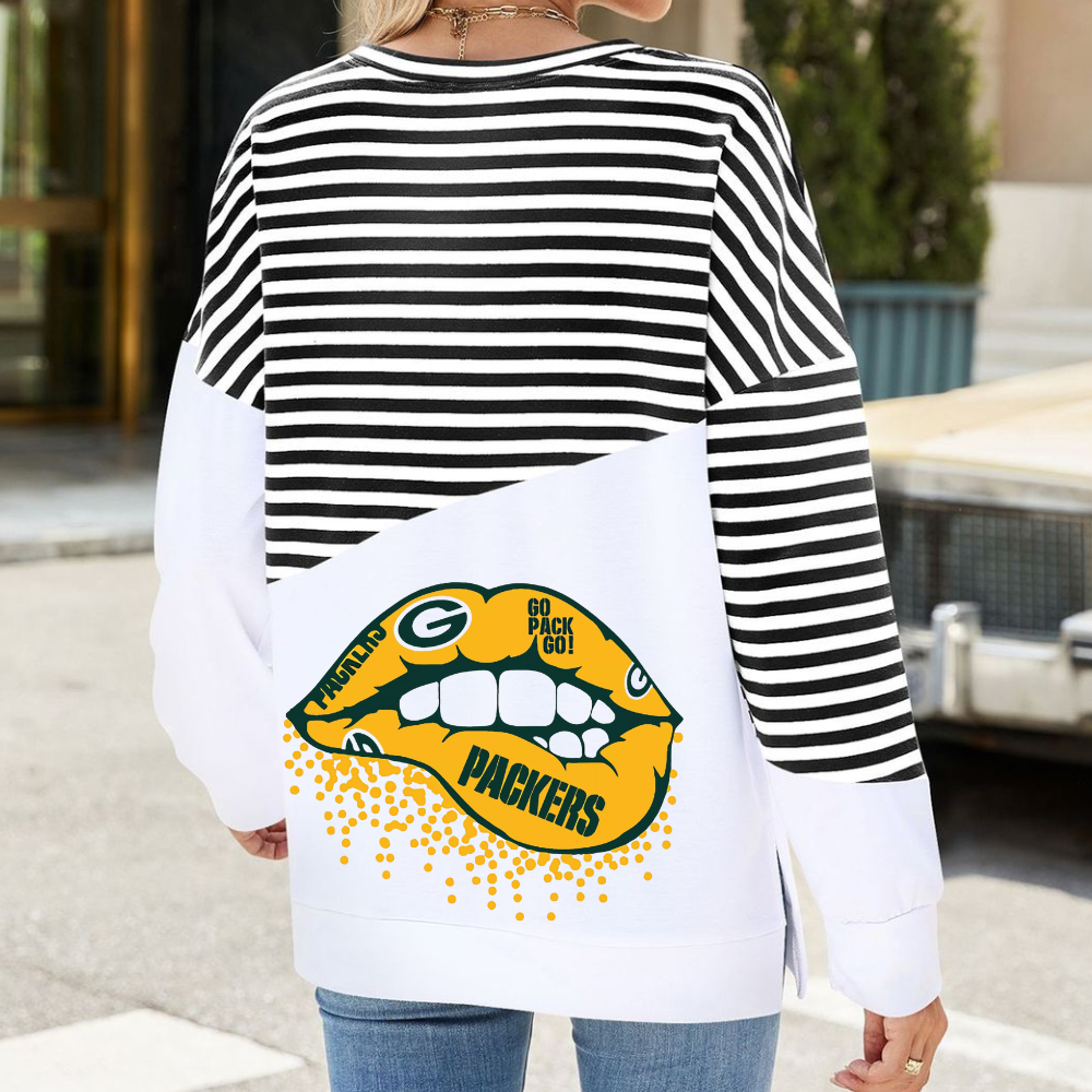 Slit Contrast Striped Long Sleeve Sweatshirt-Green Bay Packers - fitnfan