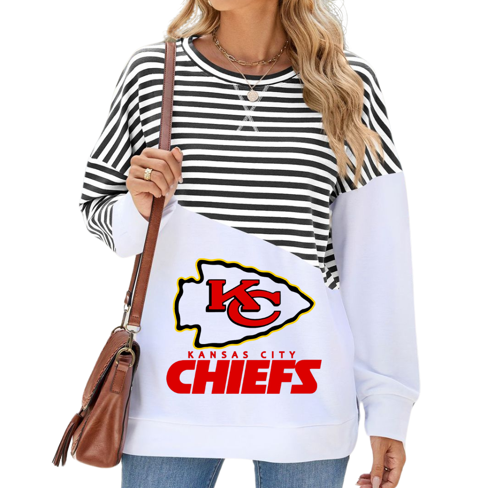 Slit Contrast Striped Long Sleeve Sweatshirt-Kansas City Chiefs - fitnfan