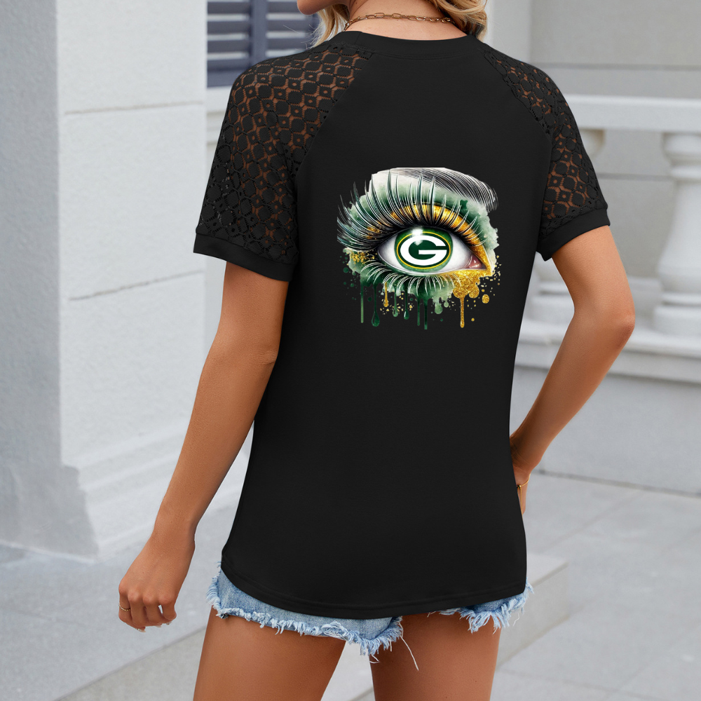 Openwork Round Neck Short Sleeve T-Shirt-Green Bay Packers - fitnfan