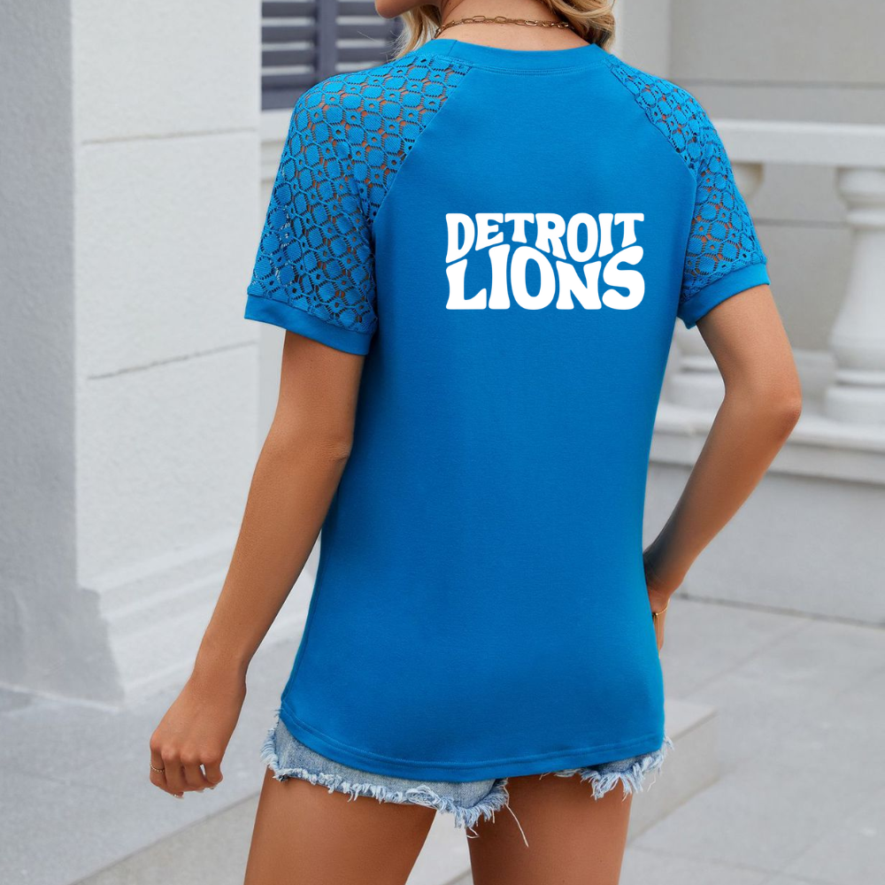 Openwork Round Neck Short Sleeve T-Shirt-Detroit Lions - fitnfan