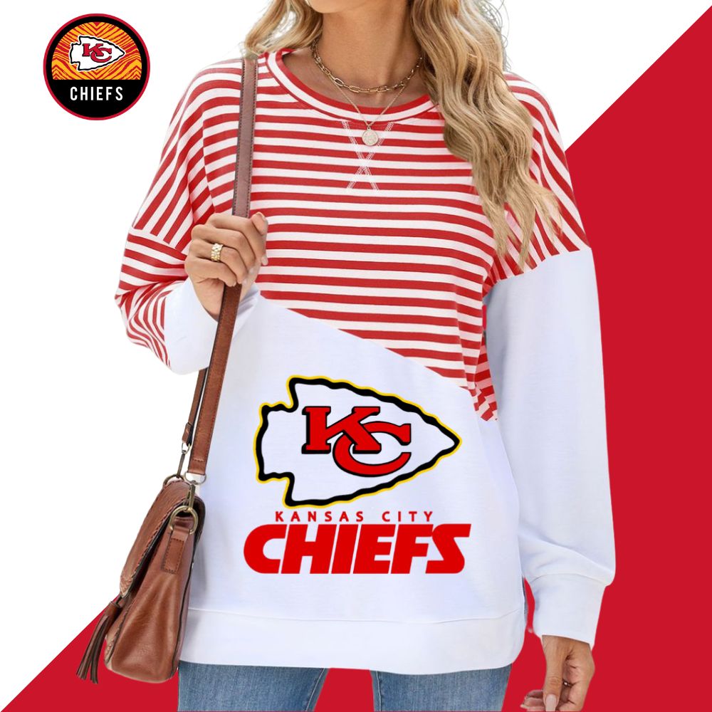 Slit Contrast Striped Long Sleeve Sweatshirt-Kansas City Chiefs - fitnfan