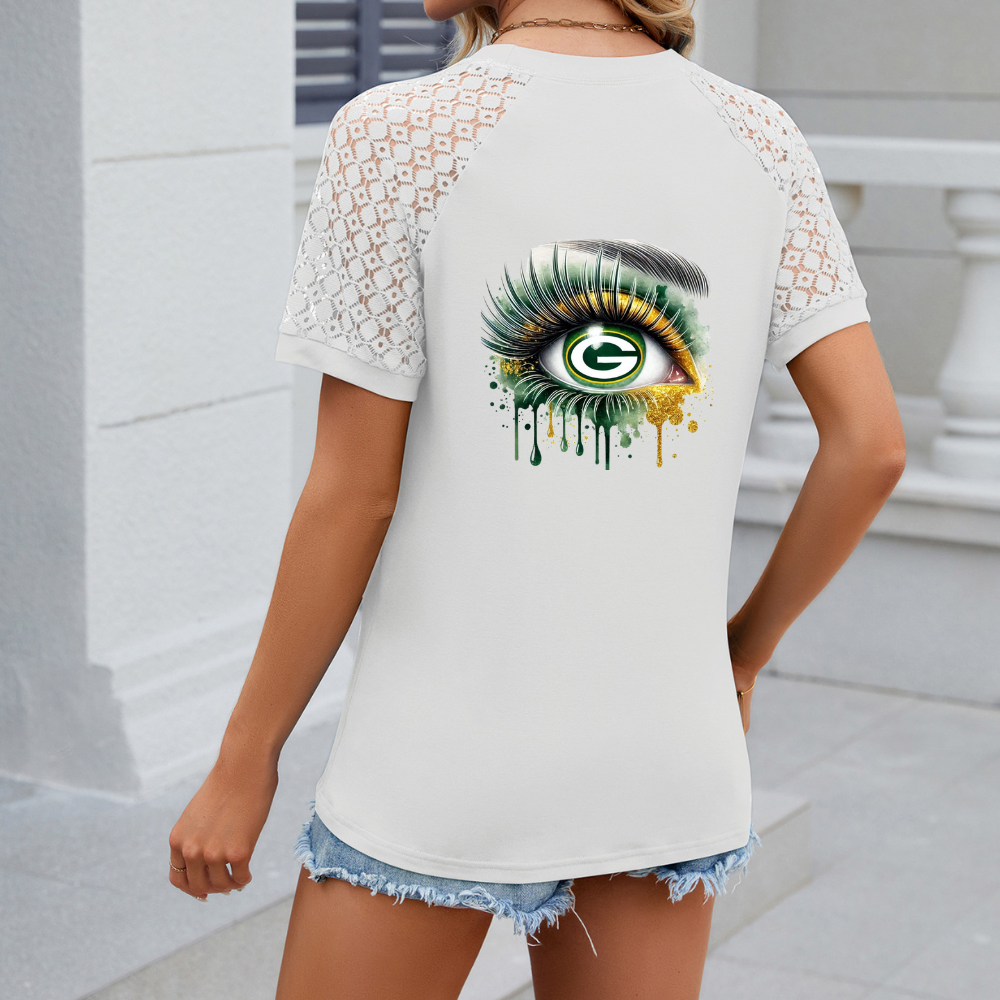 Openwork Round Neck Short Sleeve T-Shirt-Green Bay Packers - fitnfan