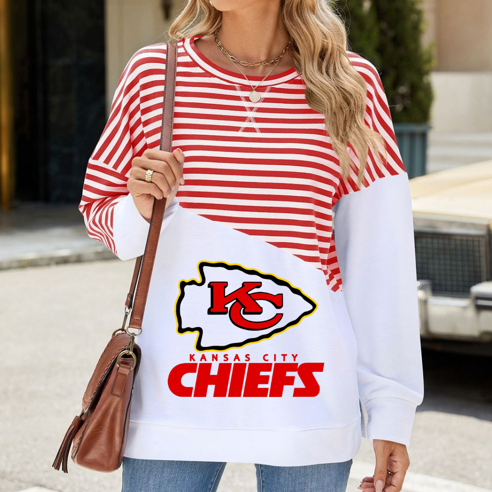 Slit Contrast Striped Long Sleeve Sweatshirt-Kansas City Chiefs - fitnfan