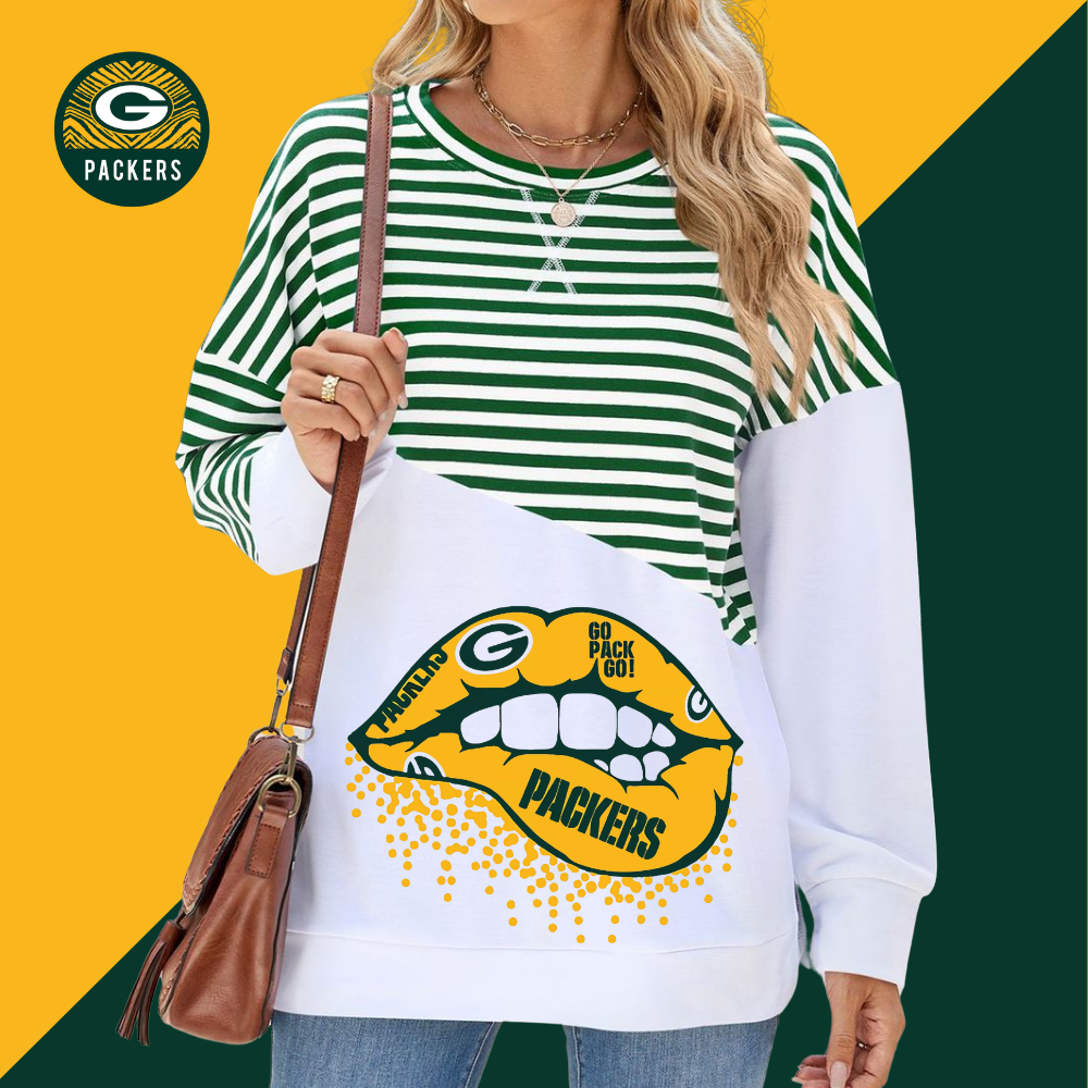 Slit Contrast Striped Long Sleeve Sweatshirt-Green Bay Packers - fitnfan