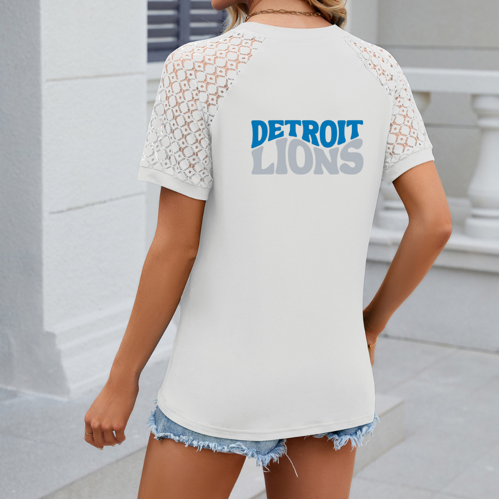 Openwork Round Neck Short Sleeve T-Shirt-Detroit Lions - fitnfan