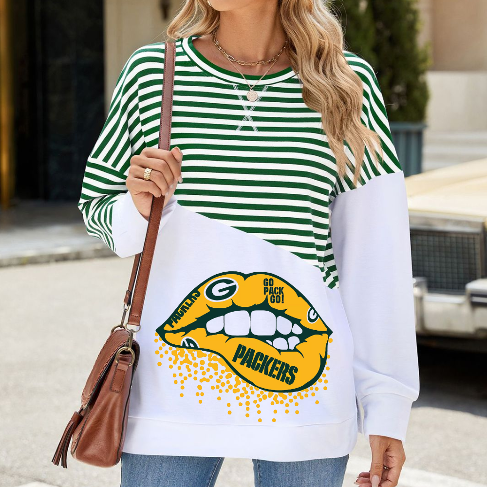 Slit Contrast Striped Long Sleeve Sweatshirt-Green Bay Packers - fitnfan