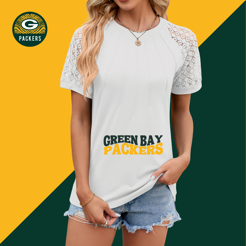 Openwork Round Neck Short Sleeve T-Shirt-Green Bay Packers - fitnfan