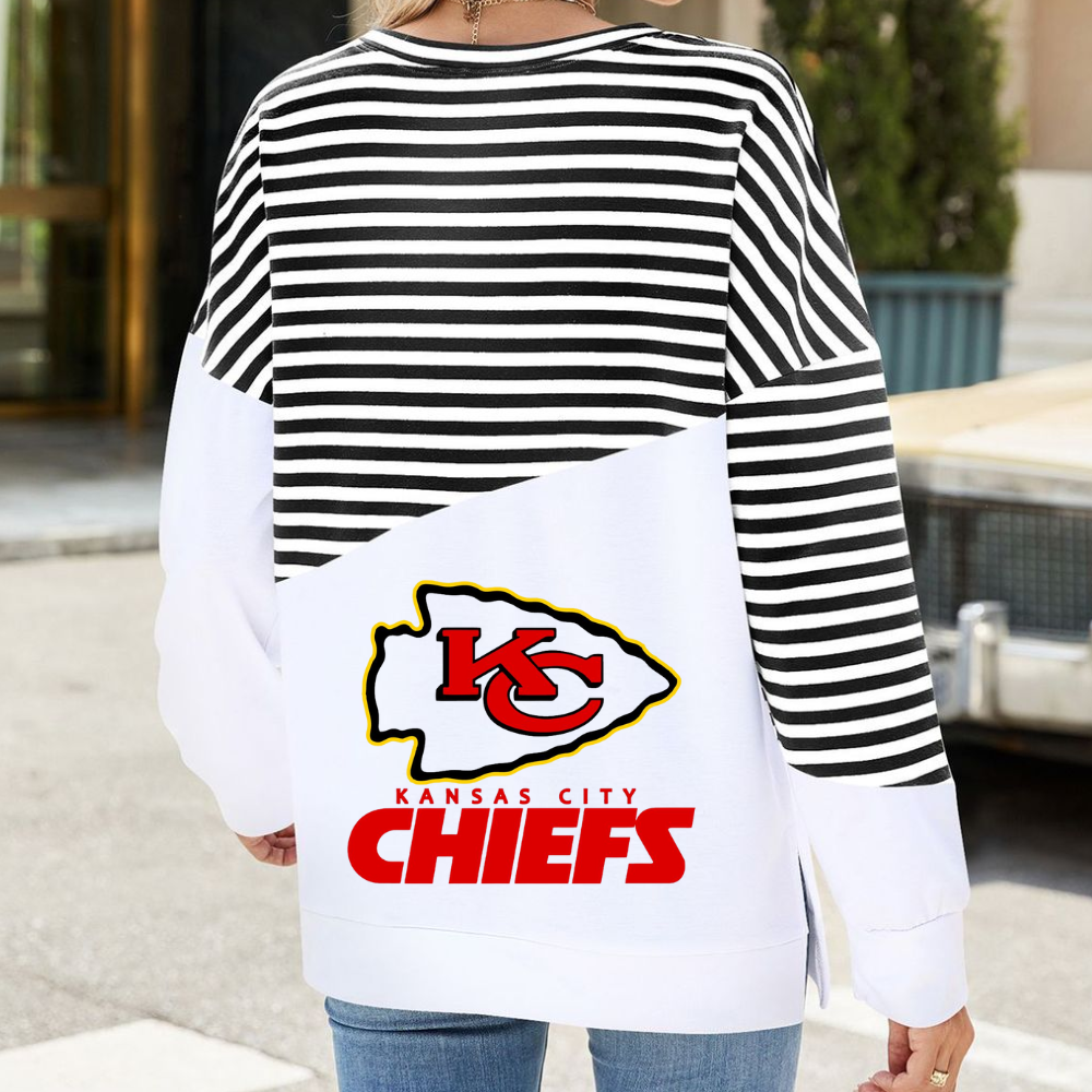 Slit Contrast Striped Long Sleeve Sweatshirt-Kansas City Chiefs - fitnfan