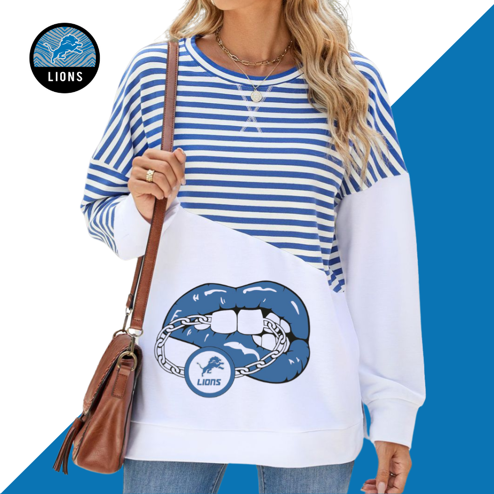 Slit Contrast Striped Long Sleeve Sweatshirt-Detroit Lions - fitnfan