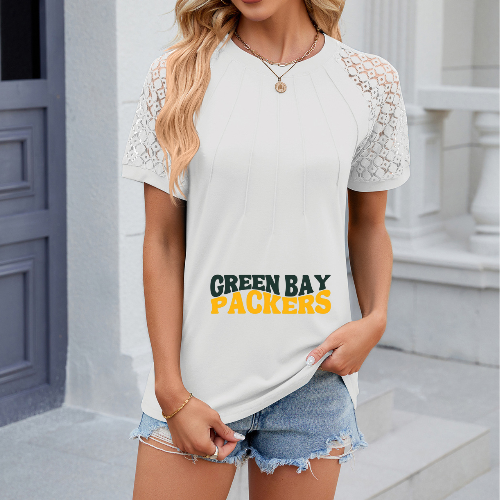 Openwork Round Neck Short Sleeve T-Shirt-Green Bay Packers - fitnfan