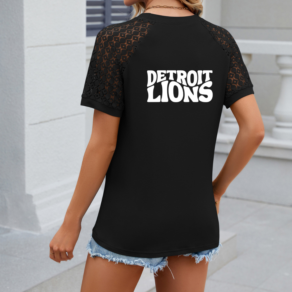Openwork Round Neck Short Sleeve T-Shirt-Detroit Lions - fitnfan