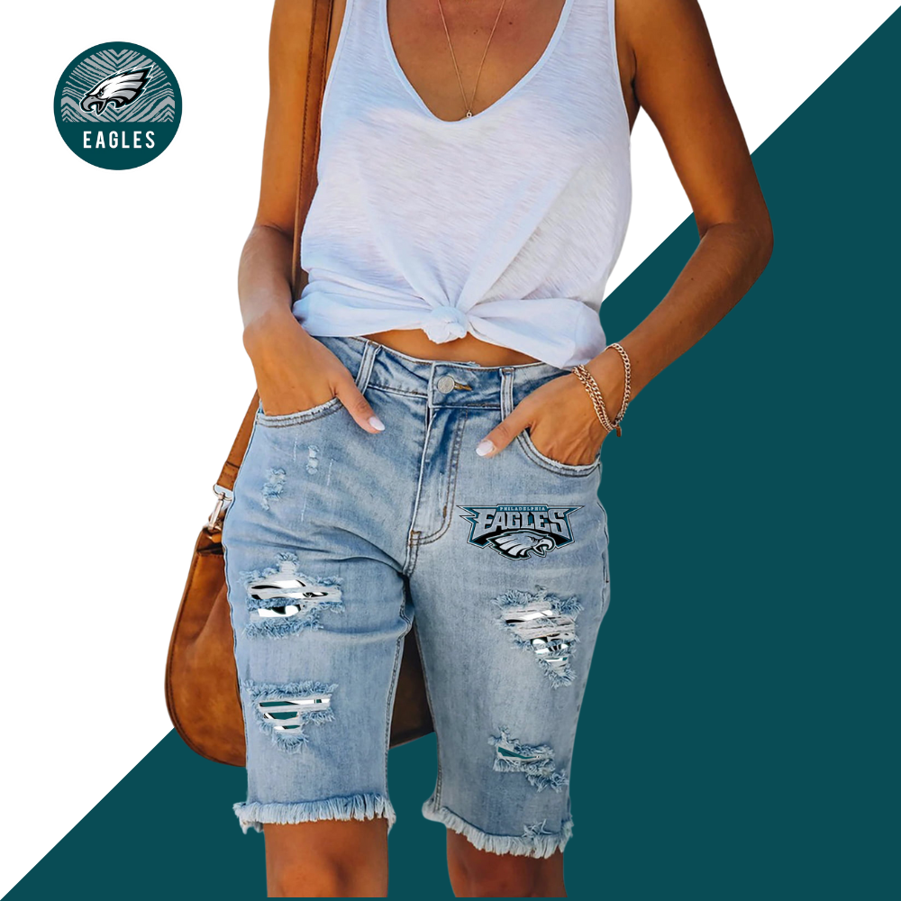 Ripped print fashion quarter denim mid-length pants - fitnfan