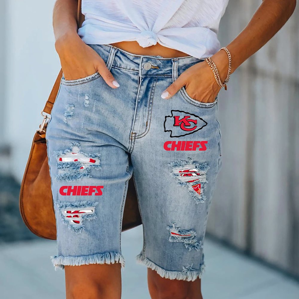Ripped print fashion quarter denim mid-length pants - fitnfan