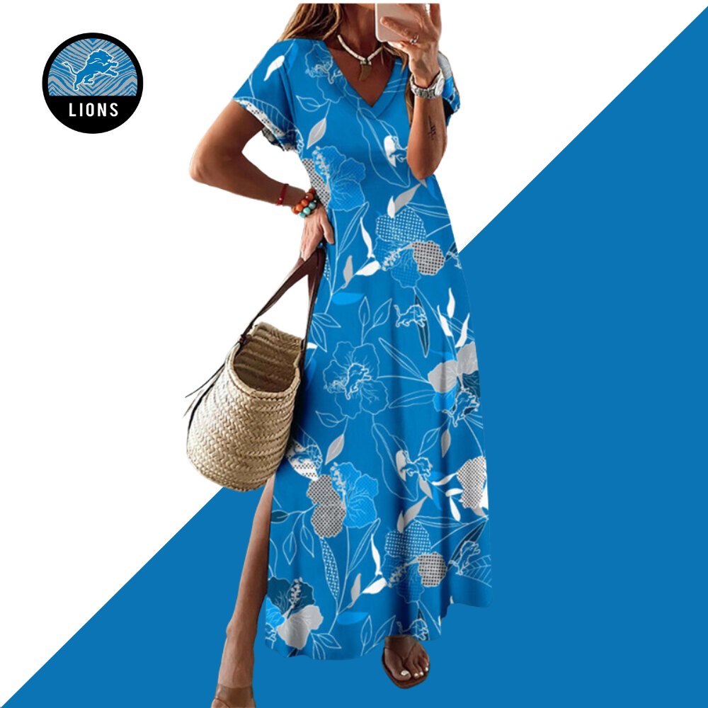 Detroit LionsV-Neck Sexy Side Slit Long Dress - fitnfan
