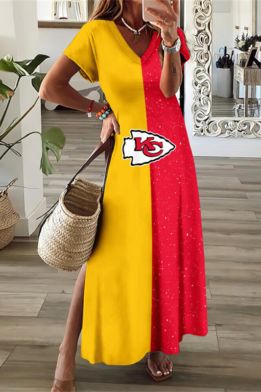 Kansas City ChiefsV-Neck Sexy Side Slit Long Dress - fitnfan