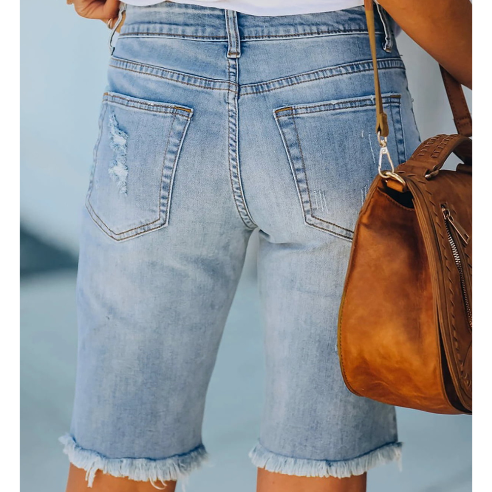 Ripped print fashion quarter denim mid-length pants - fitnfan