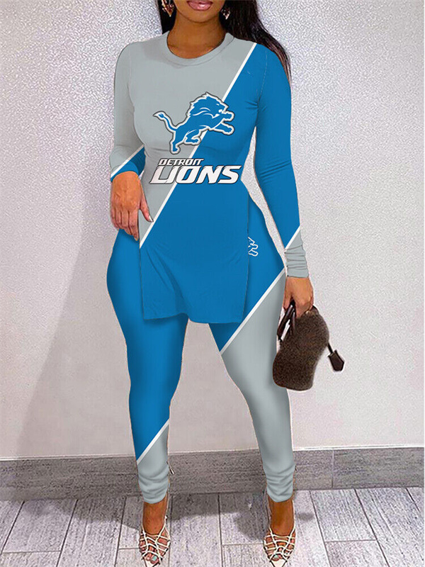 Detroit Lions High Slit Long Sleeves T-Shirt And Leggings Suits - fitnfan