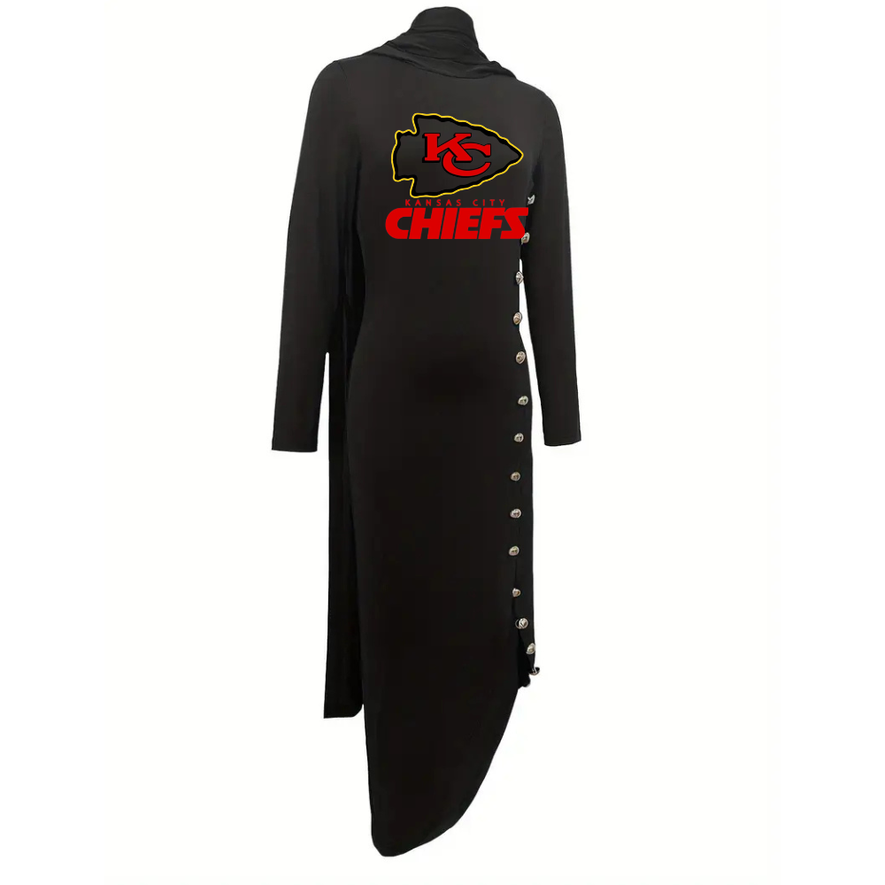 Elegant long sleeved asymmetrical hem MIDI skirt with side slit - high neck - fitnfan