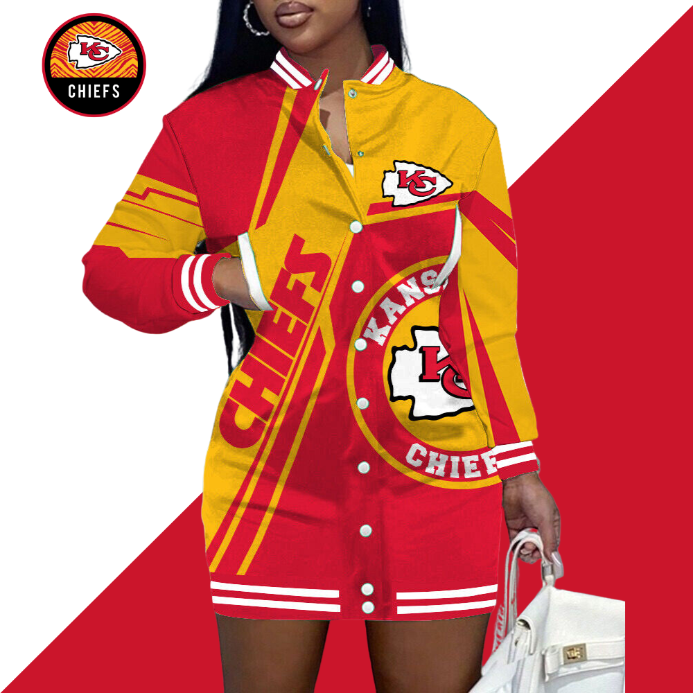 Kansas City ChiefsLimited Edition Button Down Long Sleeve Jacket Dress - fitnfan