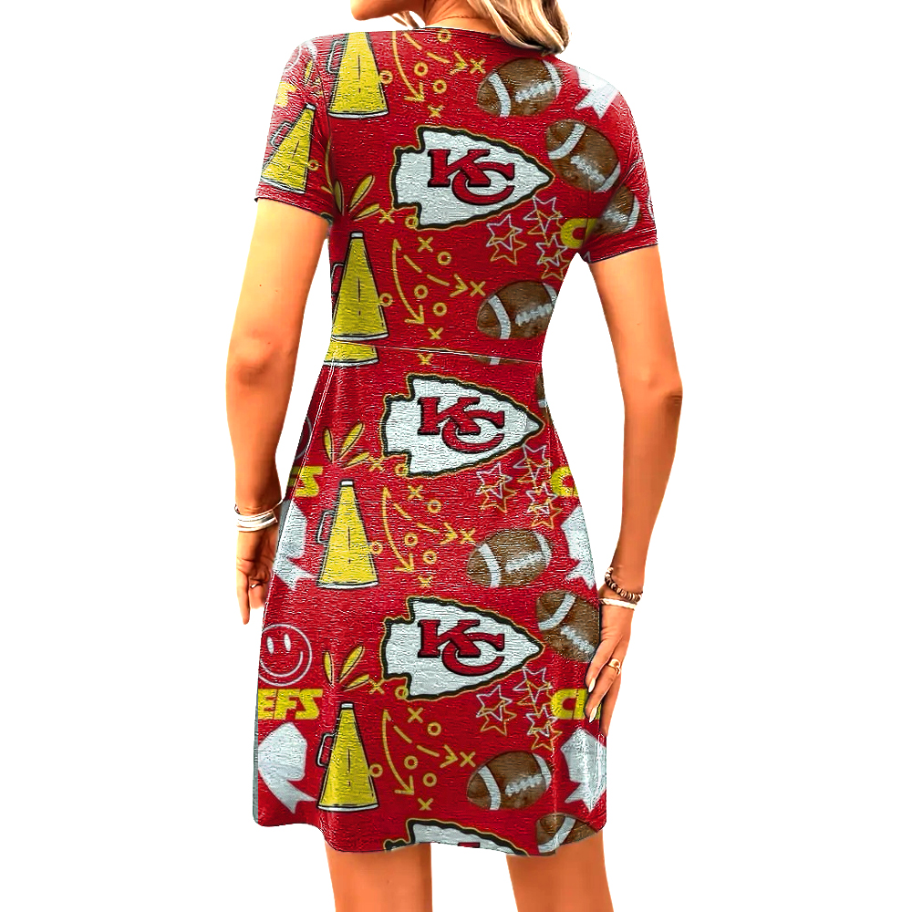 Short sleeve A-line dress, elegant front V-neck dress, women's dress - fitnfan