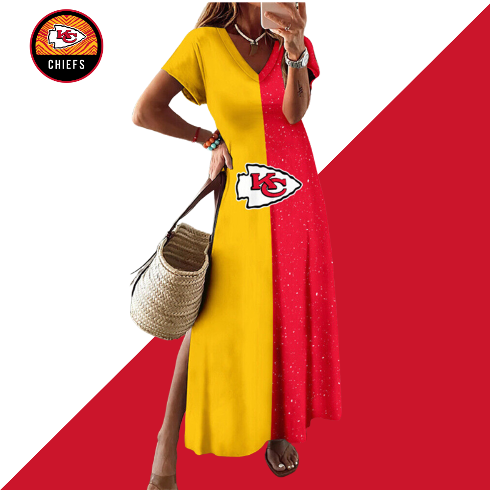 Kansas City ChiefsV-Neck Sexy Side Slit Long Dress - fitnfan