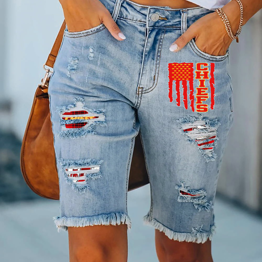 Ripped print fashion quarter denim mid-length pants - fitnfan