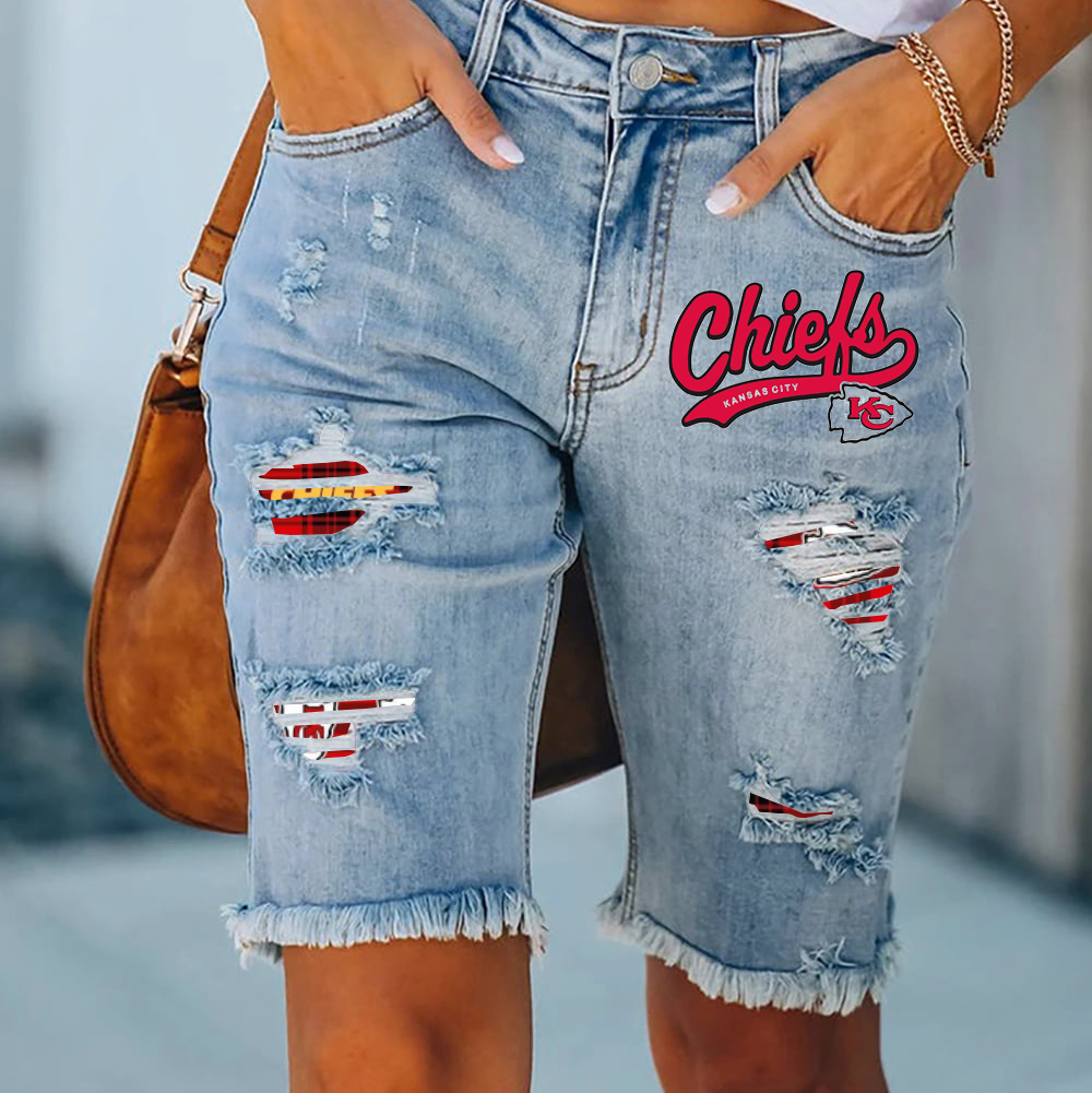 Ripped print fashion quarter denim mid-length pants - fitnfan