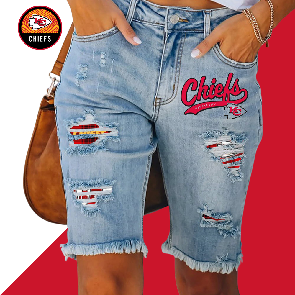 Ripped print fashion quarter denim mid-length pants - fitnfan
