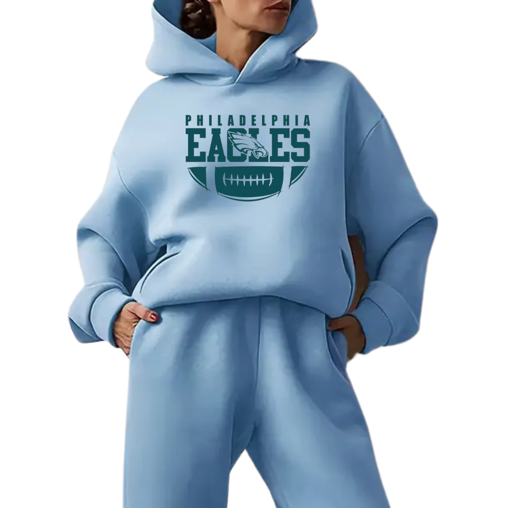 Low shoulder long sleeve hoodie and elastic waist jogging pants suit, women's wear - fitnfan