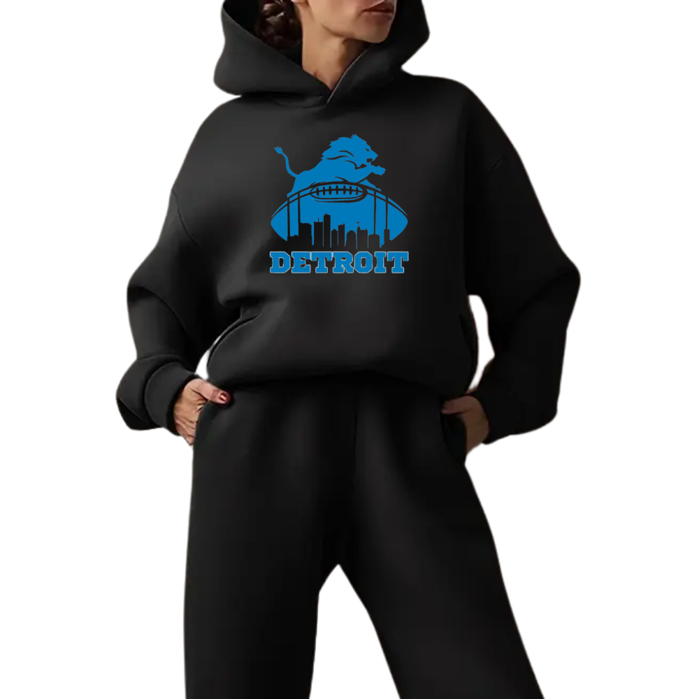 Low shoulder long sleeve hoodie and elastic waist jogging pants suit, women's wear - fitnfan