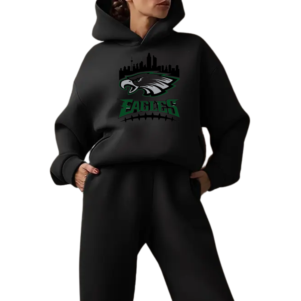 Low shoulder long sleeve hoodie and elastic waist jogging pants suit, women's wear - fitnfan