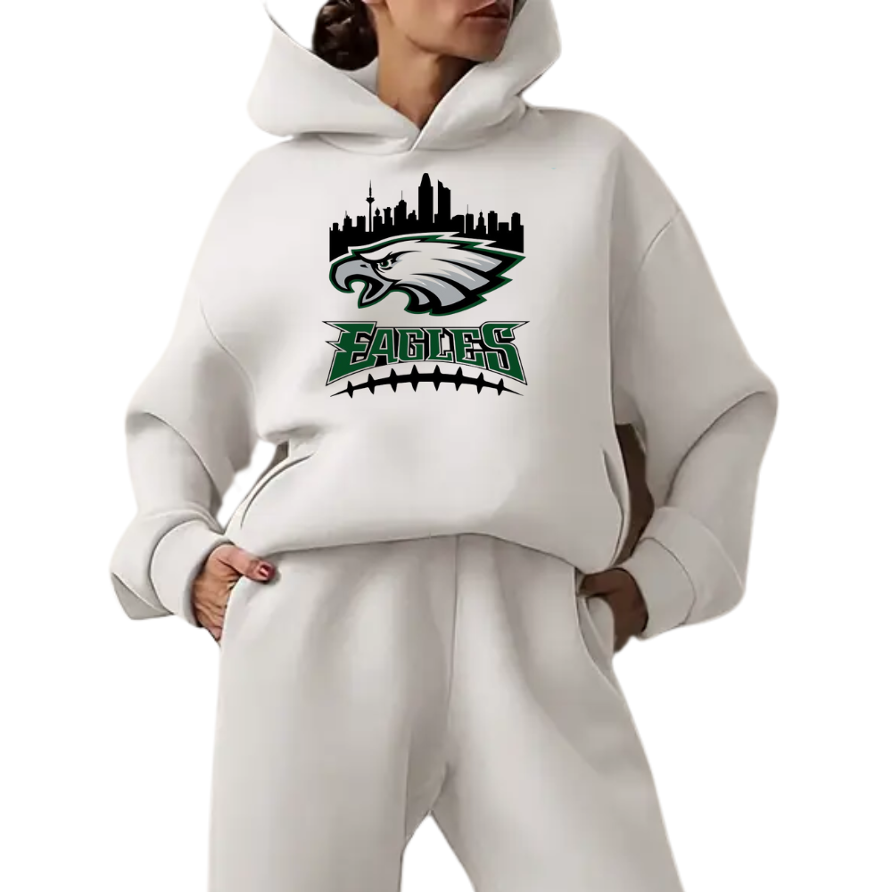Low shoulder long sleeve hoodie and elastic waist jogging pants suit, women's wear - fitnfan