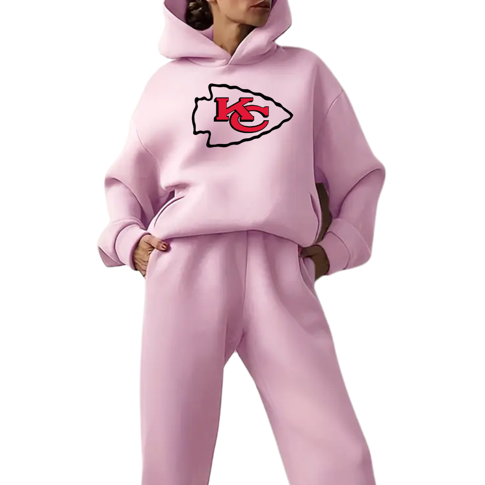 Low shoulder long sleeve hoodie and elastic waist jogging pants suit, women's wear - fitnfan