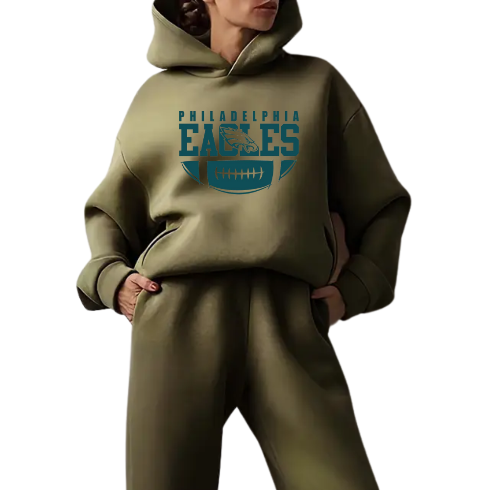 Low shoulder long sleeve hoodie and elastic waist jogging pants suit, women's wear - fitnfan