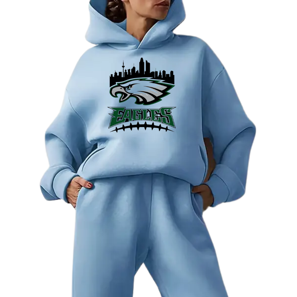 Low shoulder long sleeve hoodie and elastic waist jogging pants suit, women's wear - fitnfan