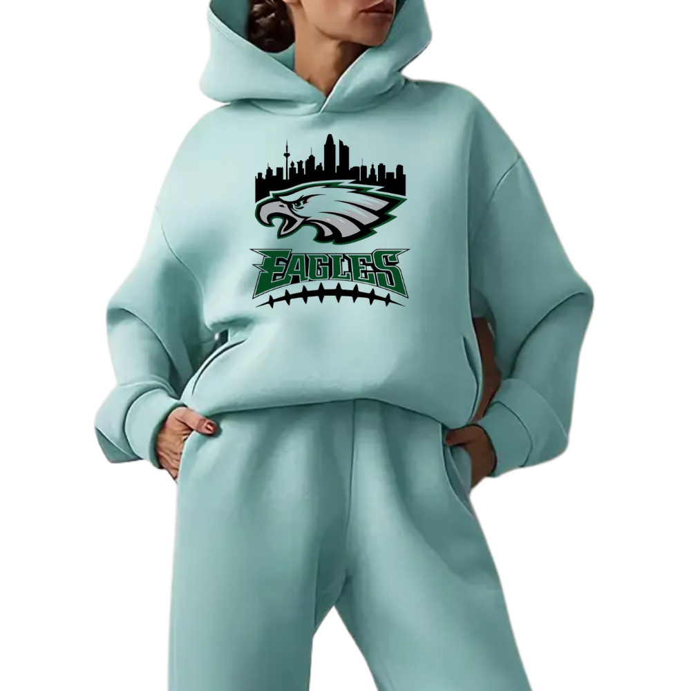 Low shoulder long sleeve hoodie and elastic waist jogging pants suit, women's wear - fitnfan