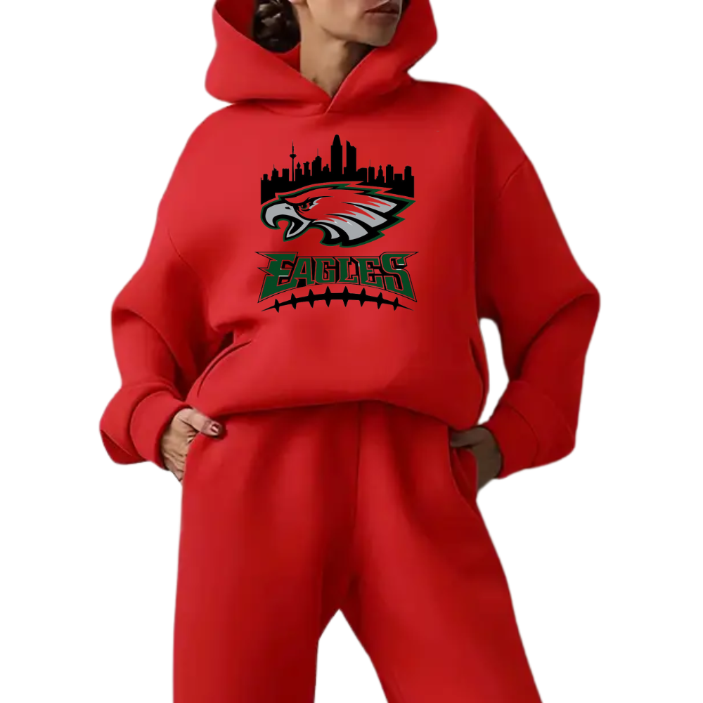Low shoulder long sleeve hoodie and elastic waist jogging pants suit, women's wear - fitnfan