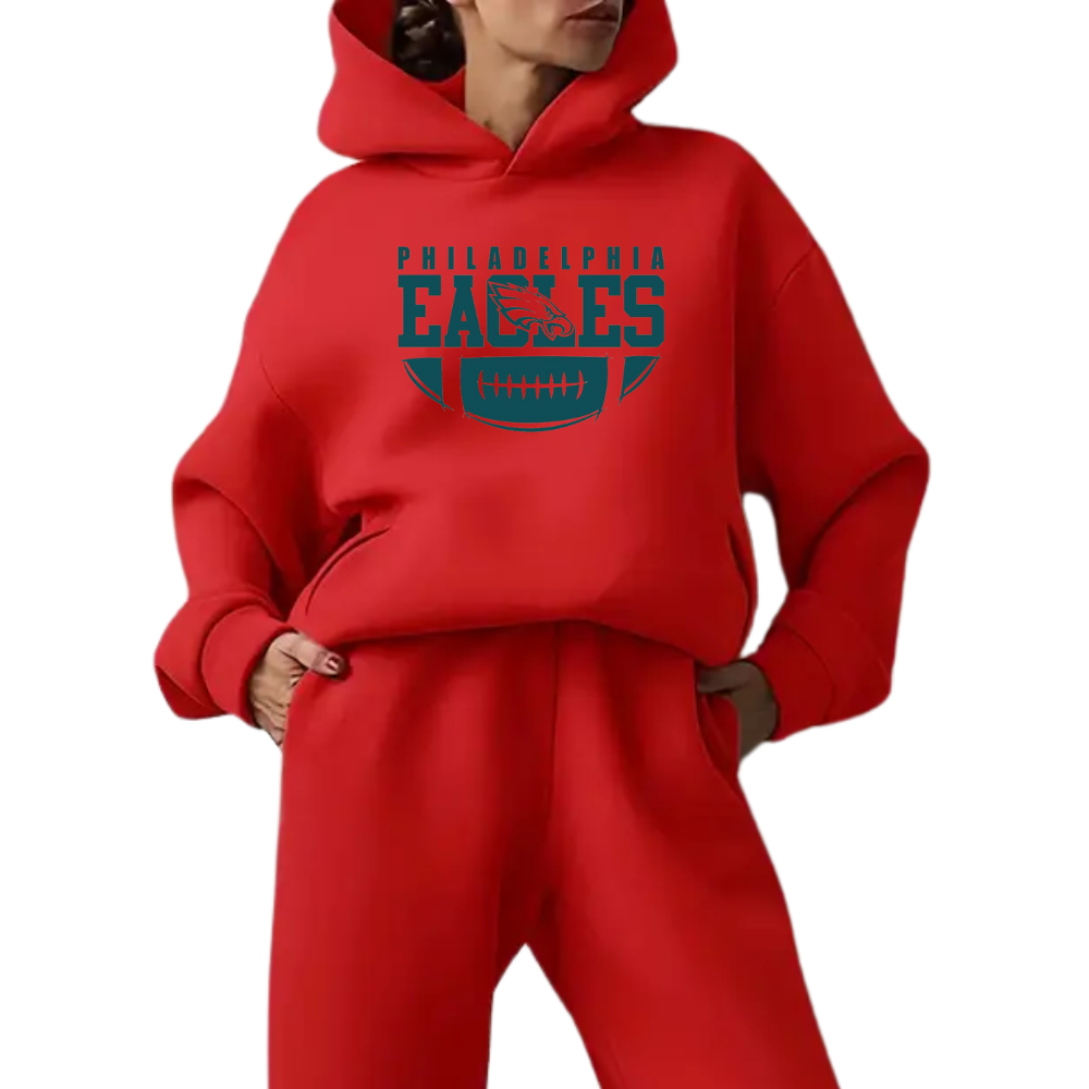 Low shoulder long sleeve hoodie and elastic waist jogging pants suit, women's wear - fitnfan