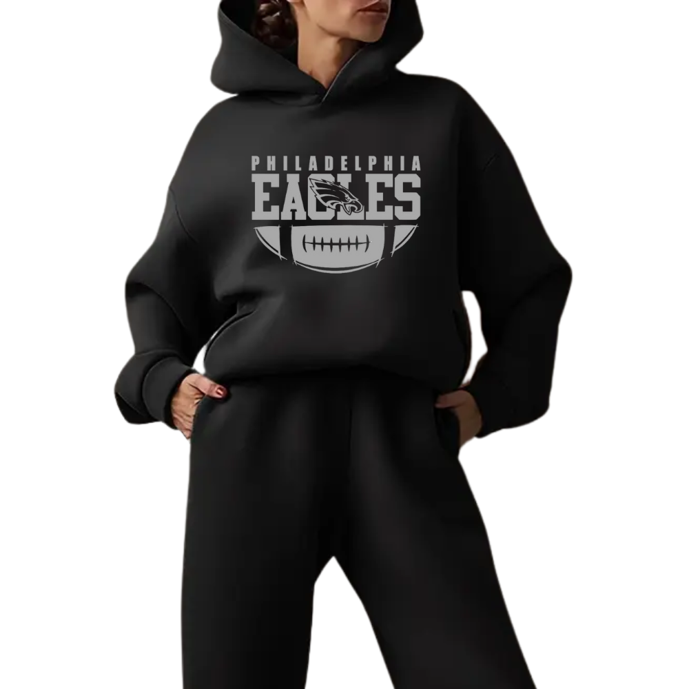 Low shoulder long sleeve hoodie and elastic waist jogging pants suit, women's wear - fitnfan