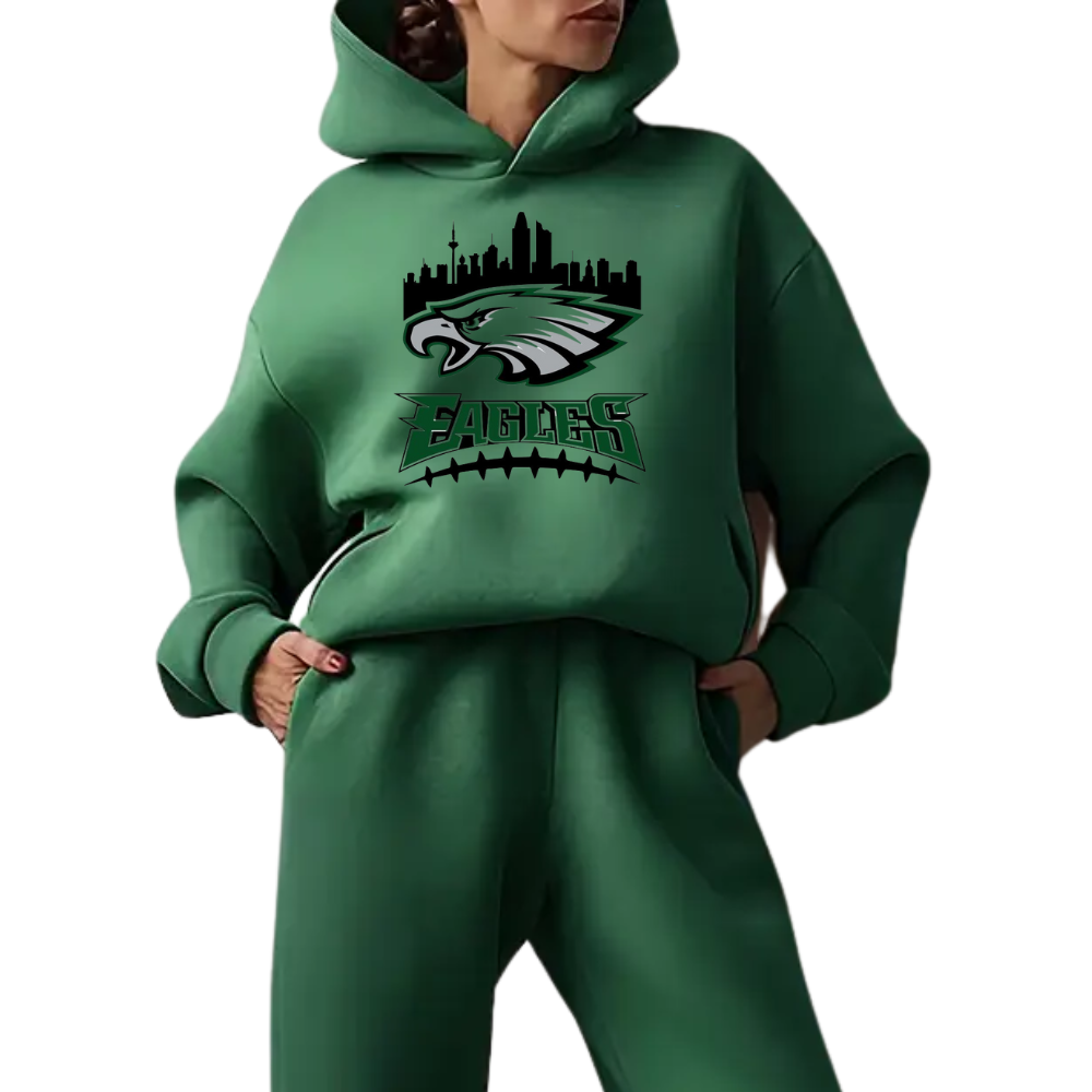 Low shoulder long sleeve hoodie and elastic waist jogging pants suit, women's wear - fitnfan
