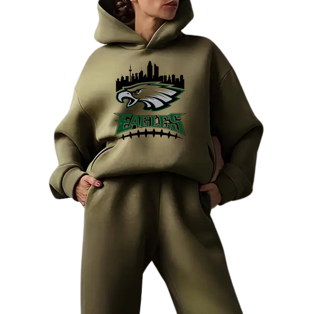 Low shoulder long sleeve hoodie and elastic waist jogging pants suit, women's wear - fitnfan