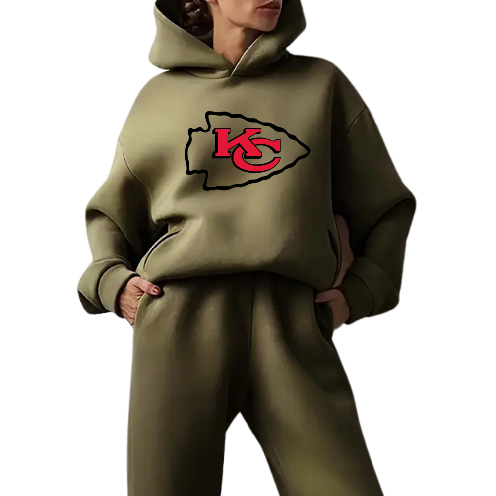 Low shoulder long sleeve hoodie and elastic waist jogging pants suit, women's wear - fitnfan