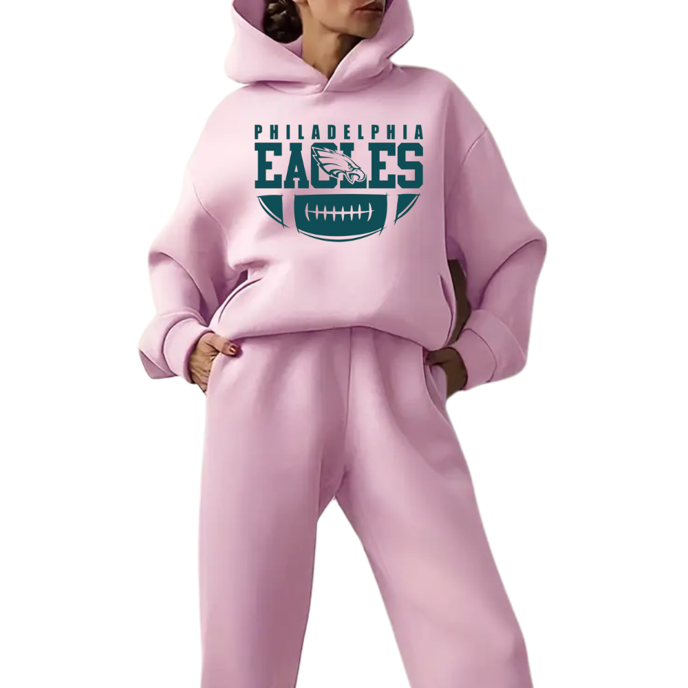Low shoulder long sleeve hoodie and elastic waist jogging pants suit, women's wear - fitnfan