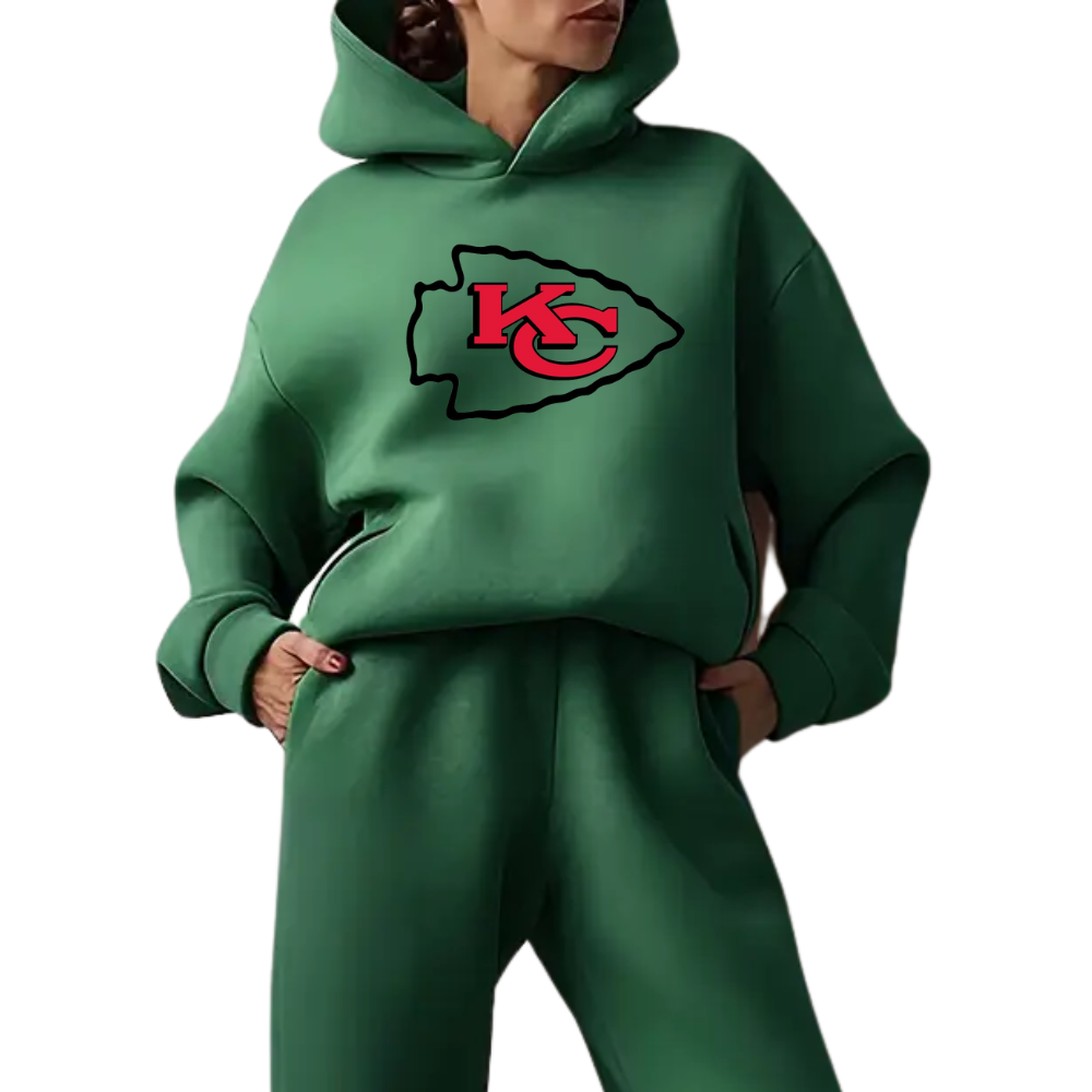 Low shoulder long sleeve hoodie and elastic waist jogging pants suit, women's wear - fitnfan