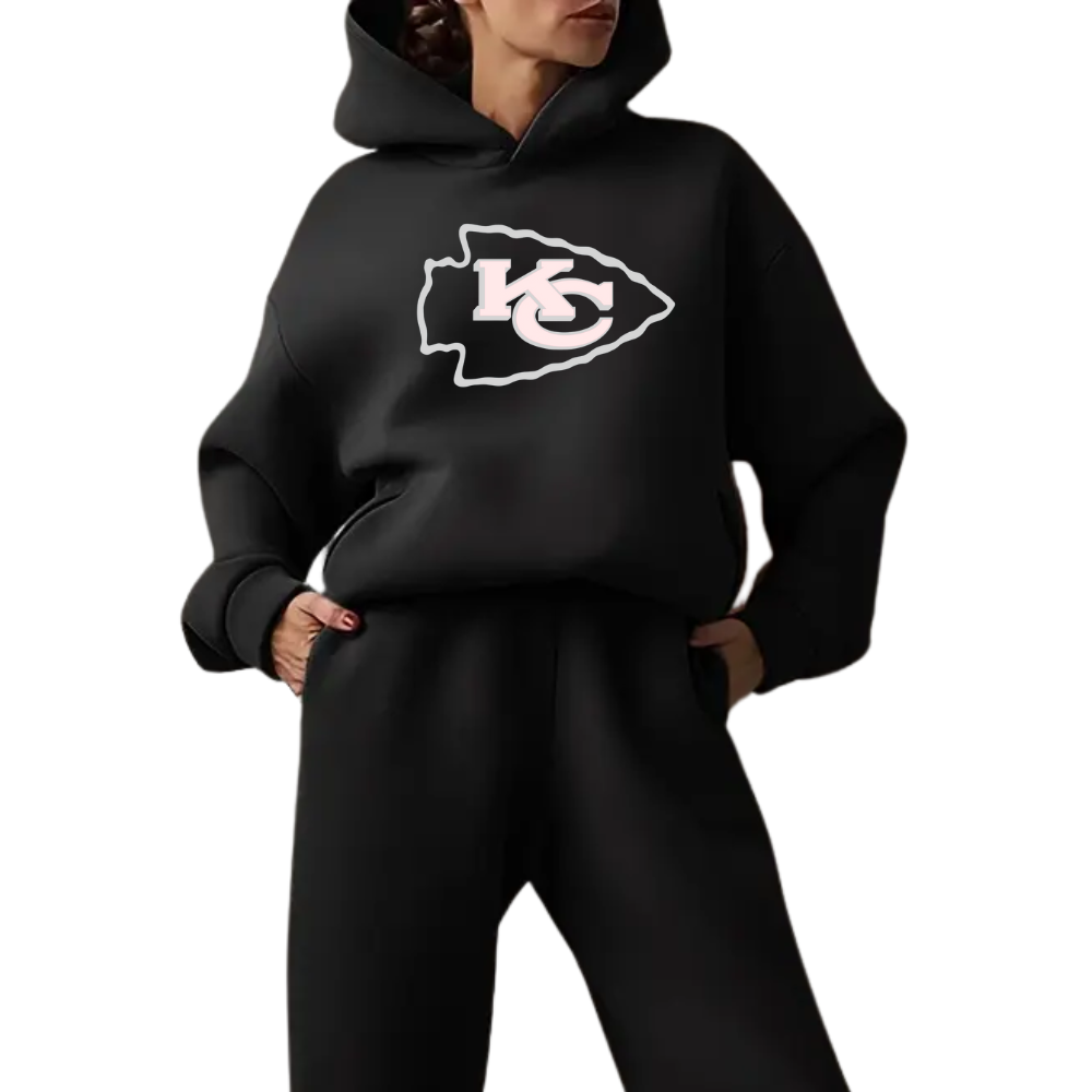 Low shoulder long sleeve hoodie and elastic waist jogging pants suit, women's wear - fitnfan